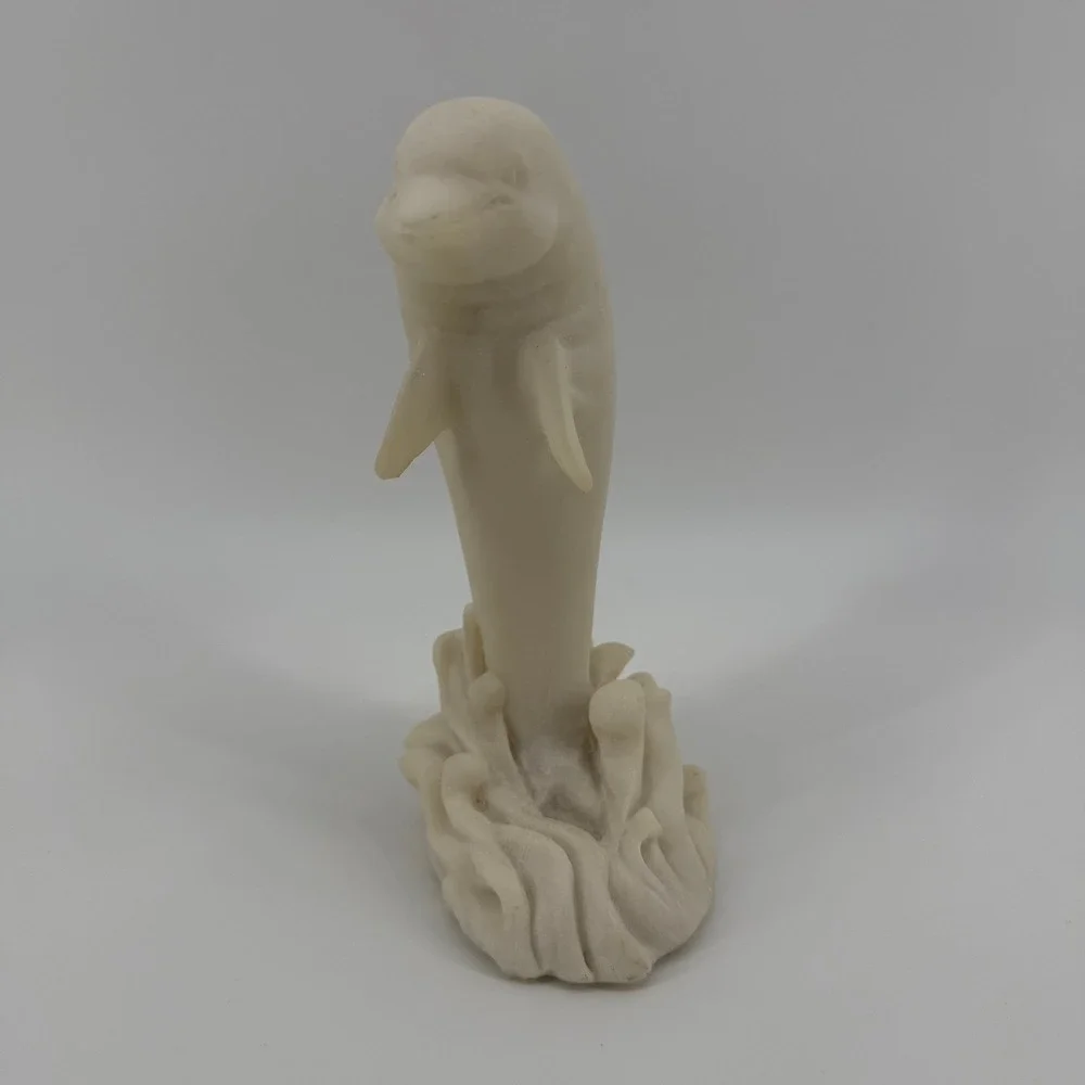 Vintage Hand Carved Alabaster Dolphin Sculpture Figure Cream Coastal Ocean 7